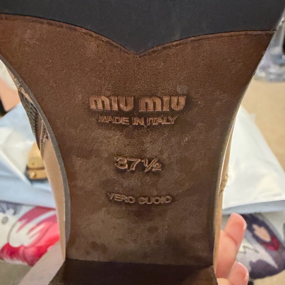 Miu Miu Tan Leather Mid-Calf Heeled Boots with Decorative Perforation - Picture 3 of 5